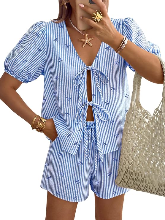 Trendy Queen Short Sets Women 2 Piece Summer Vacation Beach Outfits Going Out Matching Clothes Cute Striped Tie Front Tops