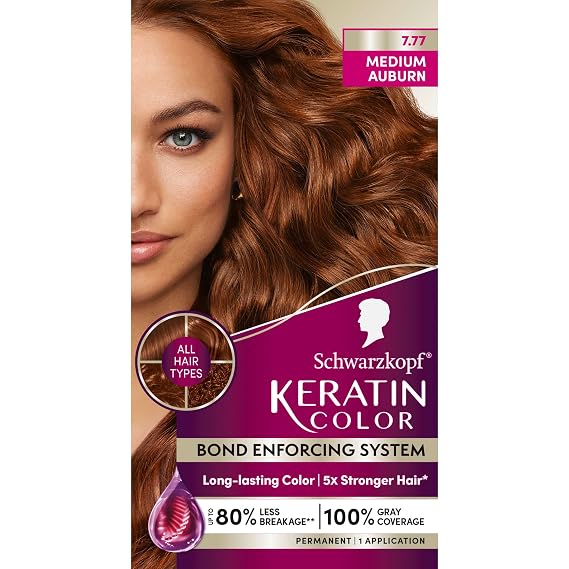 Schwarzkopf Keratin Color 7.7 Medium Auburn Permanent Hair Dye | Up to 100% gray coverage, Strengthens and softens, Even-toned color, Deep nourishing effect
