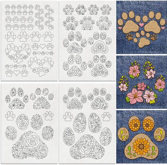 Pack of 51 Water Soluble Stabilizers for Sewing with Paw Print Flower 21 x 29.7 cm Stabiliser for Embroidery Pattern Flower Motif Cat Dog Paw 4 Sheets Footprints Stick Stitch Paper Stickers
