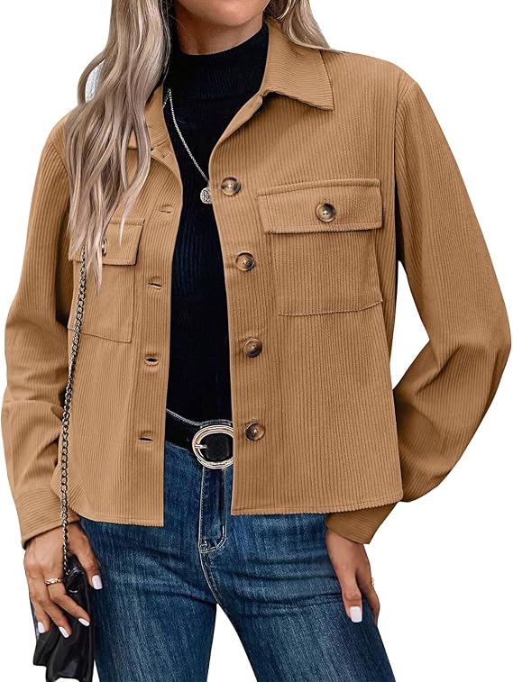 Corduroy Shacket for Women 2025 Fall Casual Cropped Button Down Jackets Winter Lightweight Coats with Pockets