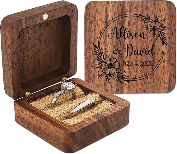 Personalized Custom Wooden Ring Box for Wedding, Rustic Ring Holder 2 Slots