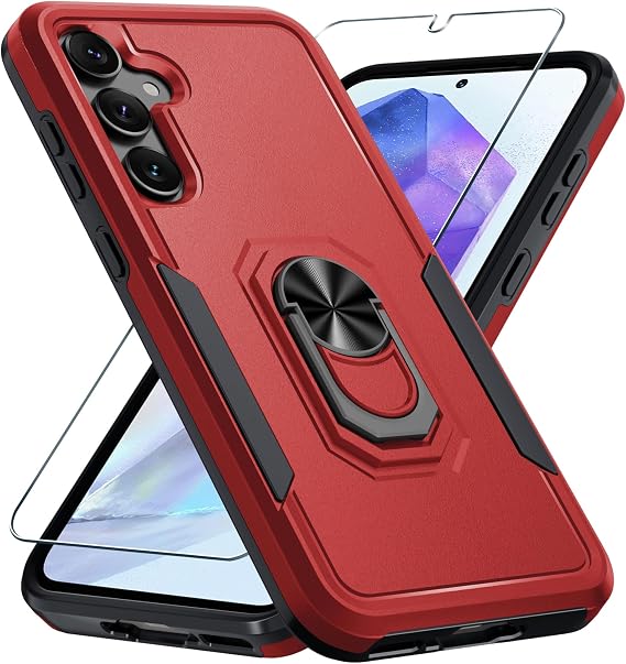 Janmitta Compatible with Samsung Galaxy A35 5G Case with Screen Protector,Heavy Duty Shockproof Full Body Phone Cover Built in Metal Ring Holder Kickstand,2024 Red