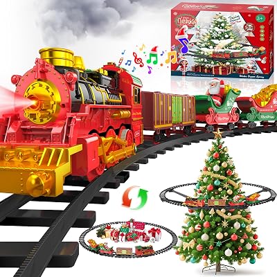 Hanging Christmas Train Set with LightSmokeSoundMusic, Toy Train Set Around Under The Christmas Tree, Christmas Toys Gift with Santa Claus, Christmas Tree Train Set for Toddlers Kids 2-4 3-5 4-8