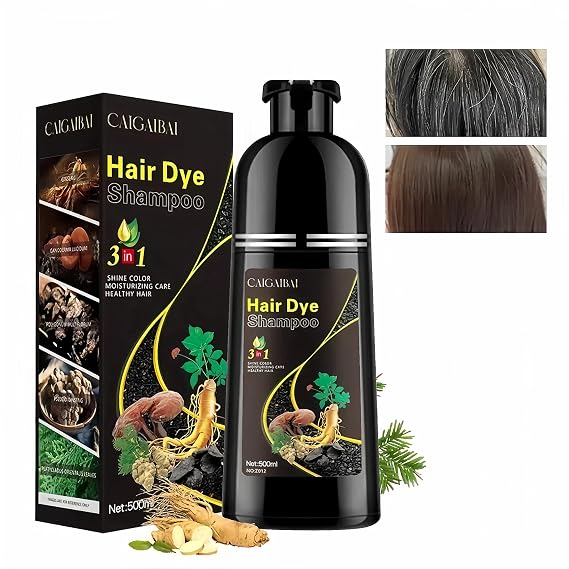 Caigaibai Hair Dye Shampoo, Semi-Permanent Gray Coverage for Women and Men, 3 in 1 with Natural Ingredients, Lasts 30 Days/500ml (Black)