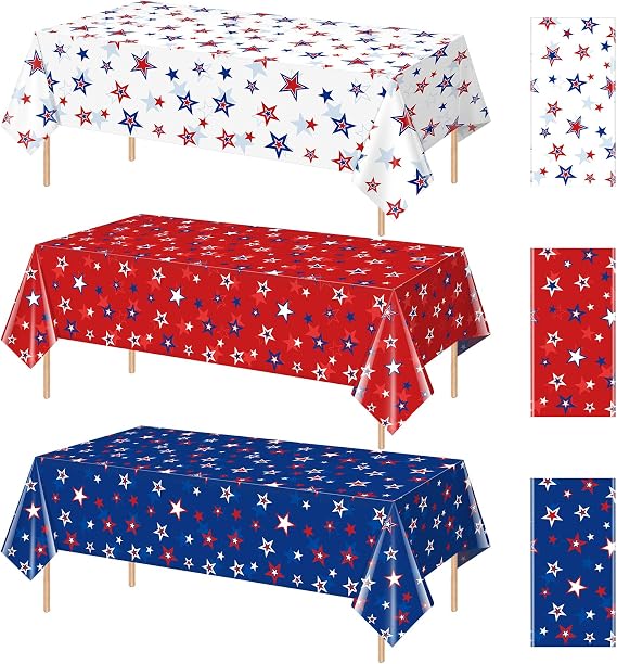 3 Pack 4th of July Memorial Day Tablecloth Decorations, Plastic American Red White Blue Stars Patriotic Table Cloth Disposable Rectangle Table Cover for Independence Day Party Supplies, 54x108 Inch