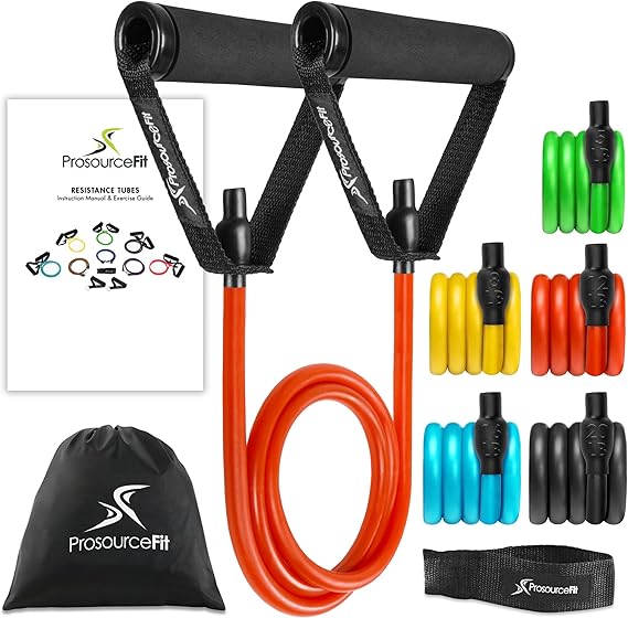 ProsourceFit Single Stackable Resistance Bands with Door Anchor and Exercise Guide, 8-12 LB, Heavy Duty Fitness Tube for Full-Body Exercises and Home Workouts