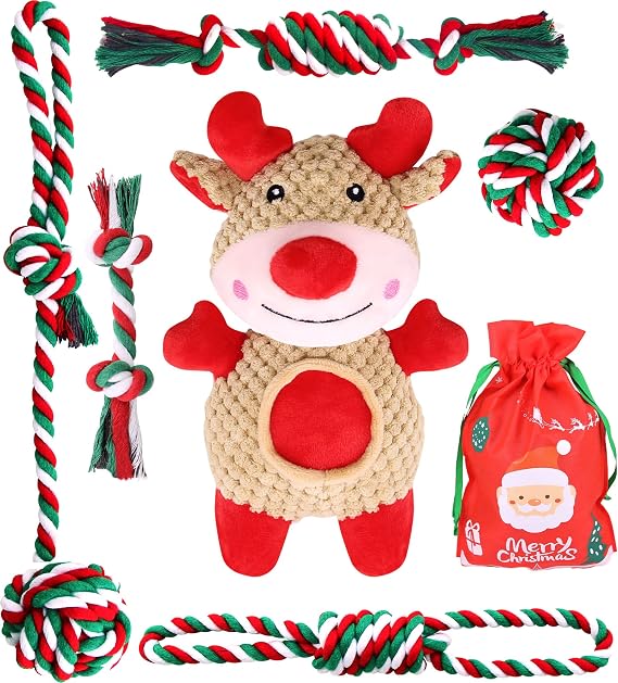Pweituoet Christmas Dog Toys, 6 Pack Dog Rope Toys and Plush Dog Toys/Dog Gifts for Puppy Small Medium Large Dogs