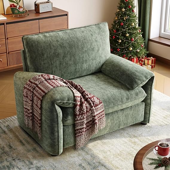 ONBRILL Oversized Accent Chair, 41 Inch Chenille Fabric Armchair, Comfy Single Sofa Chair with Padded Arms, Pocket Spring Cushion, Modern Reading Chair for Living Room, Bedroom, Green