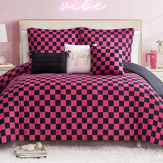 Juicy Couture Reversible Checkerboard Comforter Set 5-Piece Twin/Twin XL Set, Black/Hot Pink