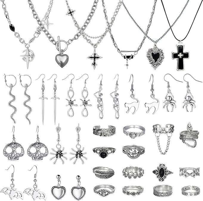 30 Pcs Gothic Jewelry Set for Women, Grunge Vintage Punk Accessories with 6 Necklace 20 Earrings 14 Stackable Knuckle Rings, Boho Y2k Goth Jewelry for Women Men Halloween