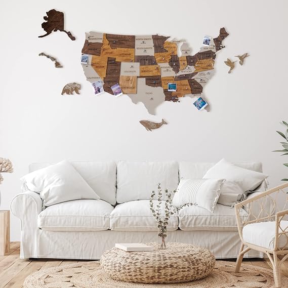 Jabihome 3D Wooden USA Map, Wall Art, Wood United States Map with Push Pins, Christmas Decoration, US Maps for Travel Gifts for Men, Office Wall Decor, Dad Gifts, Home Decor Living Room (Size M Prime: 40"x25")