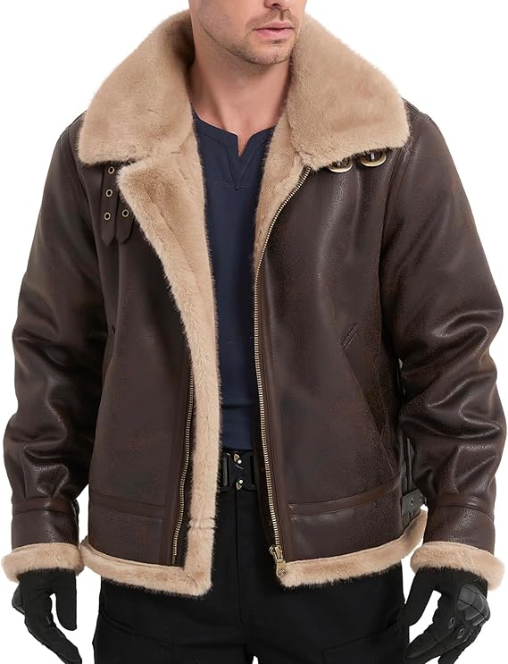 Mens Fur Outdoor Jacket Leather Bomber Shearling Cosplay Coat Brown