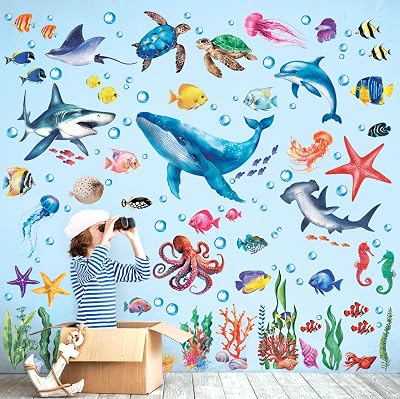 DECOWALL DS12-8078 Sea Animals Wall Stickers Decals Baby Boys Bedroom Fish decor Living Kids Nursery Ocean playroom Removable Room Seaweed Under Watercolor