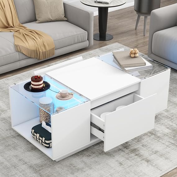 Modern High Gloss Coffee Table with Led and 2 Hidden Drawers, LED Coffee Table with Open Storage Compartment and Glass Tabletop for Living Room, White