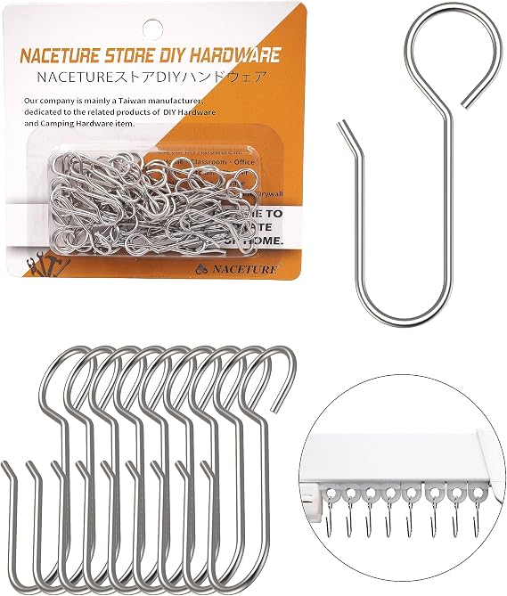 Metal Curtain Hooks for Drapes – 50 Pack Drapery Hooks Curtain Track Hooks Hanger S Hooks Stainless Steel Hardware Hooks Small Clips for Ceiling Curtains Track Indoor/Shower/Window | For ceiling curtain tracks, drapes, shower curtains and window curtains.