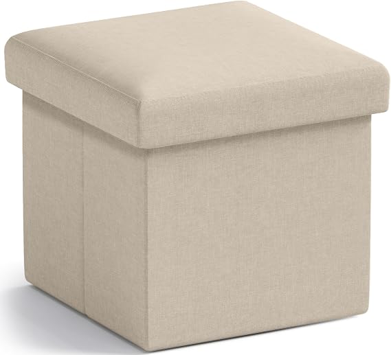 Ornavo Home Small Square Storage Ottoman, Foldable Linen, 12x12x12, Beige