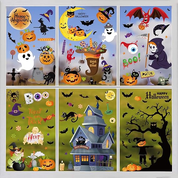 Halloween Window Clings Stickers 6 Sheet, Halloween Window Decorations Clings PVC Static Stickers for Glass,Decorations for Halloween Party Decorations
