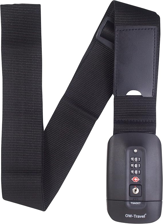 OW-Travel Lockable Luggage Straps for Suitcases with TSA Lock, Black | Suitcase straps with lock for bags, cases and checked baggage, with luggage strap address label for easy identification
