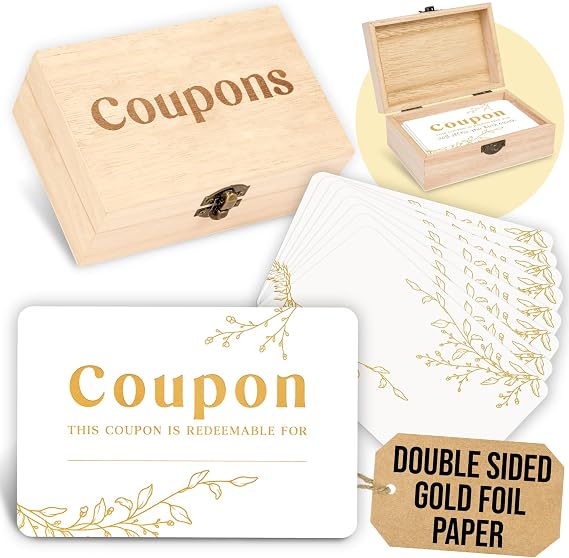 WOODAMORE 50 Blank Coupon Cards with Wood Box, Gold Foil Gift Certificates