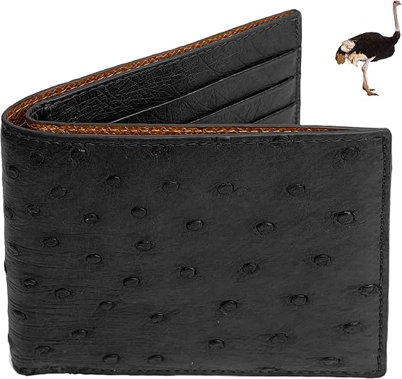 vinacreations Black Ostrich Leather Slim Bifold Wallet Double Side Exotic Wallet Multiple Pocket Holder Passcase RFID Blocking Security Handmade Gift For Men VINAMOS-01