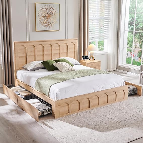 Modern Arched King Size Bed Frame with 4 Drawers, Natural Oak | 51" Tall, with Headboard, Solid Wood Slats Support, Noise Free, No Box Spring Needed, Wood Platform