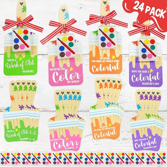 ORIENTAL CHERRY Valentines Day Gifts for Kids - 24 Pack Valentine Cards with Watercolor Paint Bulk - Valentines Party Favors School Classroom Exchanges Gift Sets for Boys Girls Toddlers