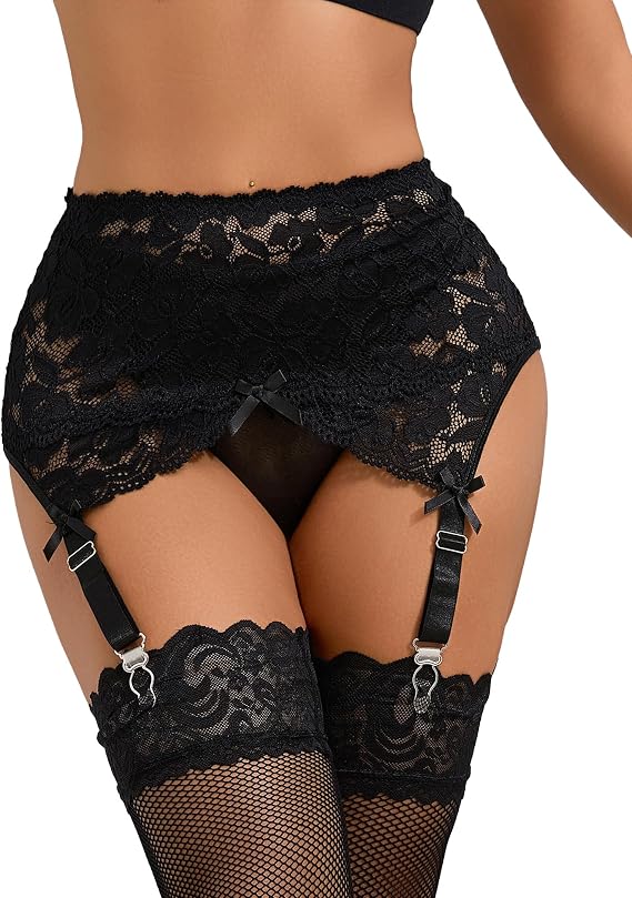 Women's Plus Size Garter Belt for Thigh Highs High Waisted Garter Belt Sexy Lace Suspender Set with 4 Wide Strap