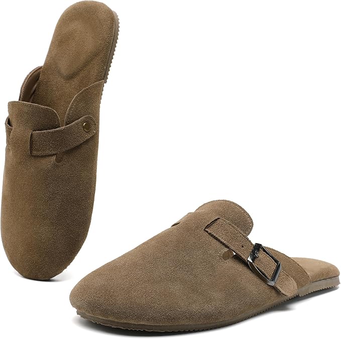 Genuine Suede Clogs for Women, Flat Slippers for Women, Women's Brown Leather Mules Clogs Size 7, Slip on Slippers with Adjustable Buckle Potato Shoes Indoor Outdoor-BK01tan26