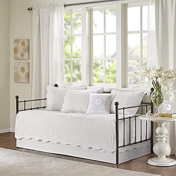 Madison Park Daybed Cover Set Damask Quilted Cover for Daybeds, All Season, Pre-washed Cotton-Filled Coastal Bedding with Scallop Edge, Shams, Bedskirt, Decor Pillows, Tuscany, White, 39"x75", 6 Piece