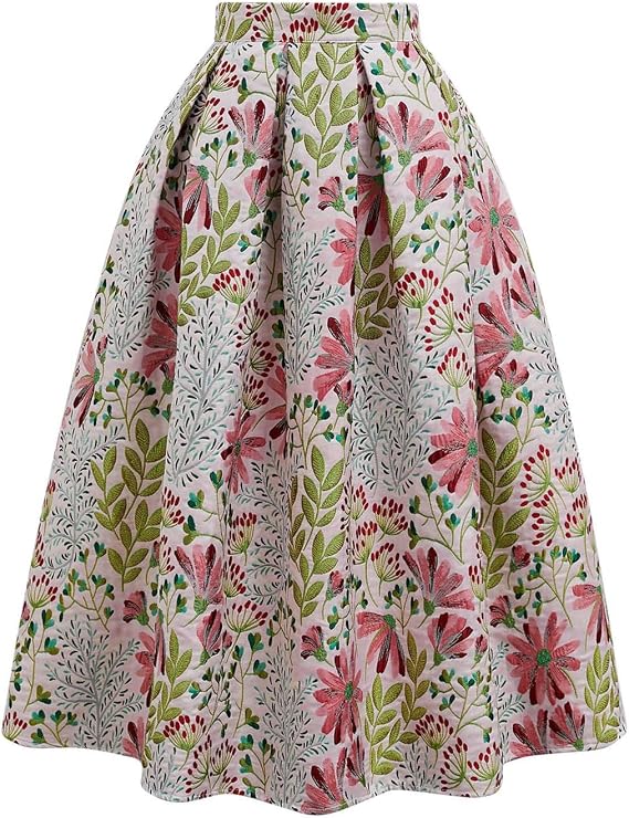 CHICWISH Women Daisy Field Pleated Midi Skirt Printed A-Line Casual High Waist Swing Flared Vintage Skirts with Pockets