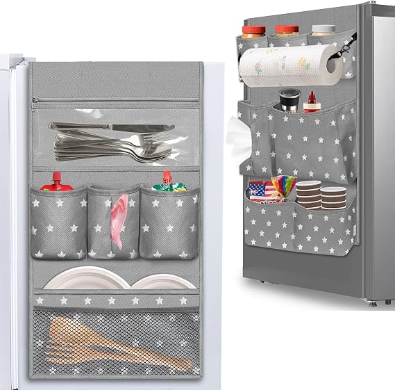 Dorm Room Essentials Mini Fridge Organizer, Hanging Over Fridge Storage Organizer, College Caddy with 14 Pocket for Office, Kitchen, Home, School (Grey)