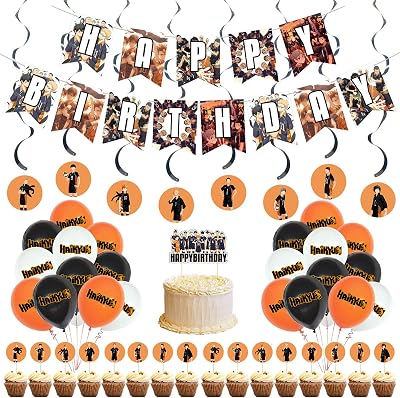 Anime Birthday Decoration Theme Party Supplies Banner Cake Toppers Gift Set, 1Banner- 1Big Cake Toppers -24 Cupcake Toppers- 24 Latex balloons - 8 Hanging Swirls for Fans Child Party Supplies