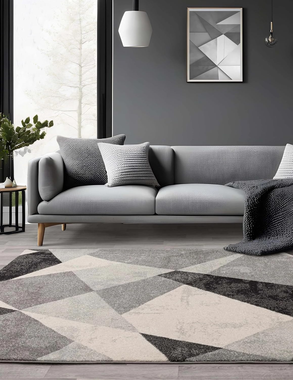 Nova Patio Geometric Triangles Abstract Rug in Grey Black 120x170cm 4x56