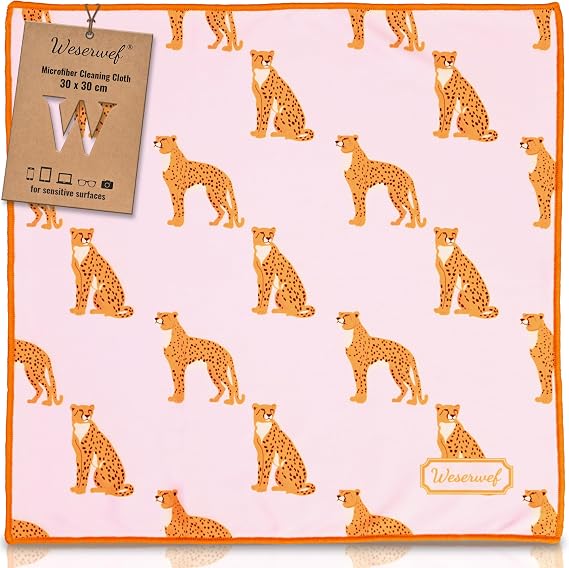 Weserwef® XXL Microfibre Cloth Glasses Cleaning Cloths in Optician Quality 30 x 30 cm (Leo in Pink)