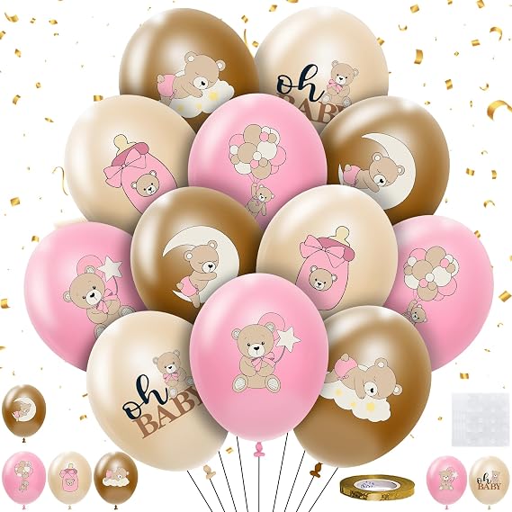 36Pcs Pink Bear Baby Shower Balloons Decorations for Girl, We Can Bearly Wait Baby Shower Party Latex Balloons, Pink Brown Theme Bear Birthday Party Supplies