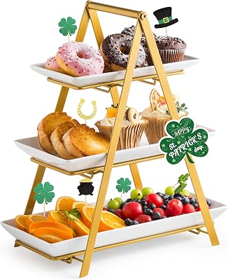 YHOSSEUN 3 Tier Serving Tray, Porcelain Tiered Tray Stand, 101214 Inch Serving Platters and Trays with Collapsible Sturdier Rack, 3 Tiered Serving Stand Dessert Stands Treat Table Display Set, Gold