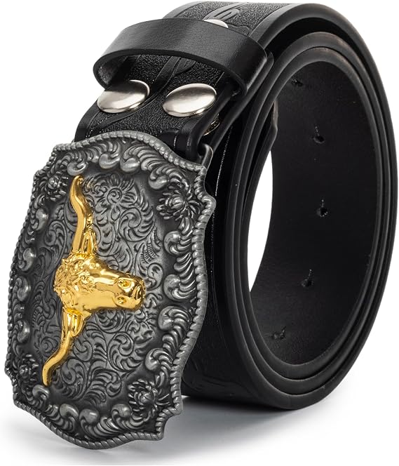Western Cowboy Belt for Men Women, Waist 25-38" | PU Leather, Longhorn Bull Metal Plate Carved Big Buckle, Engraved Floral Strap, W1.5", For Jean Dresss Rodeo Cowgirl Costume