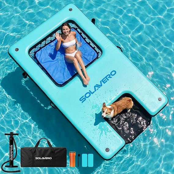 SOLAVERO 10x6ft Inflatable Floating Dock and 8FT Water Hammock Pool Lounge