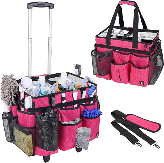 Rolling Cleaning Bag with Detachable Trolley, Portable Cleaning Cart on Wheels for Cleaning Supplies, Professional Cleaning Caddy with Shoulder Strap for Housekeepers (Rose red)