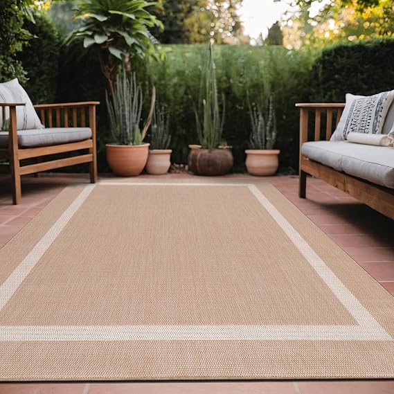 Luul Home Bordered Outdoor Rug 5x7 Washable Outside Carpet for Indoor Patio Porch Waterproof Easy Cleaning Non Shedding Area Rugs Beige 5 x 7