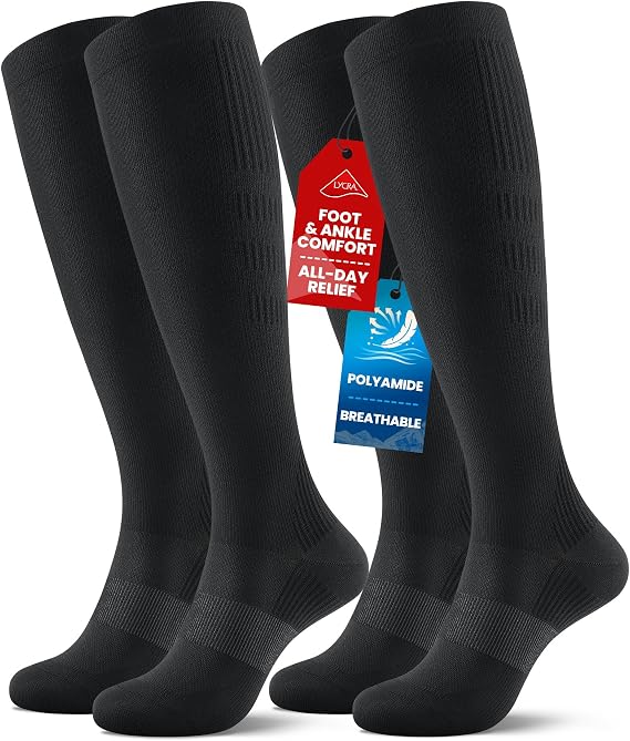 PULIOU Compression Socks for Women and Men, 20–30 mmHg Graduated Compression, All-Day Comfort Circulation Knee High Flight Socks for Flying, Travel, Sport, Nurses, 2 Pairs