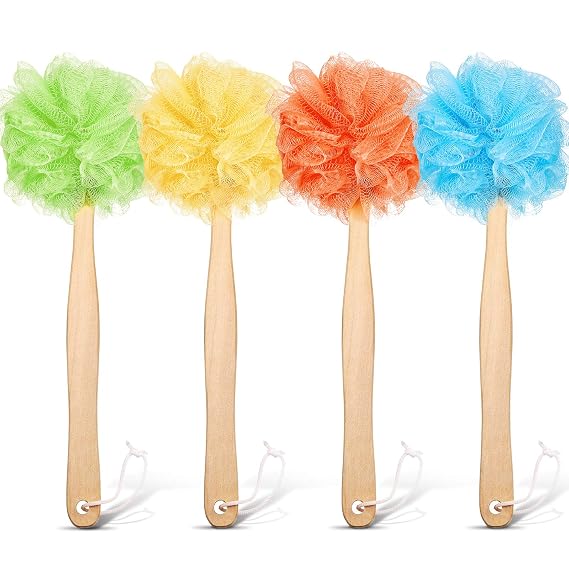 4 Pieces Loofah Back Scrubber Bath Sponge with Wooden Handle Long Handle Sponge Mesh on a Stick for Shower Exfoliating Bath Body Brush Luffa Back Brush for Women Men (Blue, Orange, Yellow, Green)