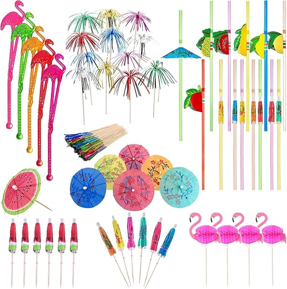 170 Pieces Cocktail Party Decorations, Drinks Accessory Pack with Paper Umbrella Sticks, Flamingo Cocktail Sticks, Tree Cocktail Sticks for Beach, Hawaiian Parties. (Mixed Color)