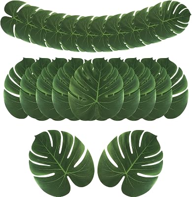 AerWo 48 Pcs Palm Leaves, Artificial Tropical Monstera Fake Leaves, Fake Palm Leaf for Safari Jungle Hawaiian Dinosaur Luau Party Table Decor Wedding Birthday Theme Greenery Party Table Decorations