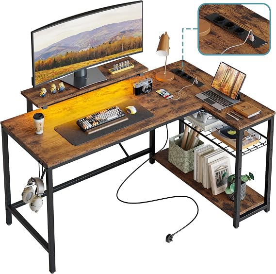 Bestier L-Shaped Corner Desk Wood Grain Brown 132 cm With sockets and LED lighting reversible with shelves and hooks for home office