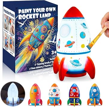 Paint Your Own Rocket Lamp - Art & Crafts Painting Kits for Kids, DIY Night Light, Creative Art Supplies School Activities, Birthday Easter Christmas Holiday Gift for Girls Boys Ages 4 5 6 7 8+