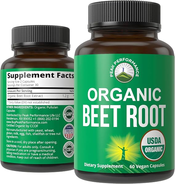 Peak Performance USDA Organic Beet Root Vegan Capsules for Women & Men | Beets Juice Powder Super Food Pills 1200 mg. Nitric Oxide Energy Boosting Beetroot Extract. Polyphenol Support Supplement