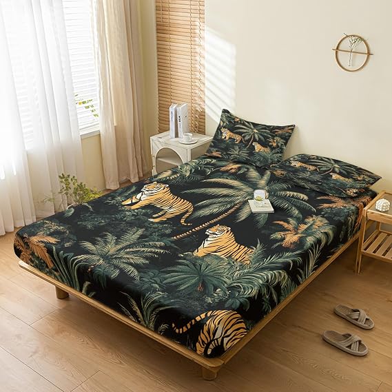 Tiger Jungle Sheets Cal King Sheet Set, Wildlife Animal Bed Sheets, Nature Tropical Forest Bedding Bedroom Decor, Soft Microfiber Deep Pocket Fitted Sheet & Flat Sheet & 2 Pillowcases