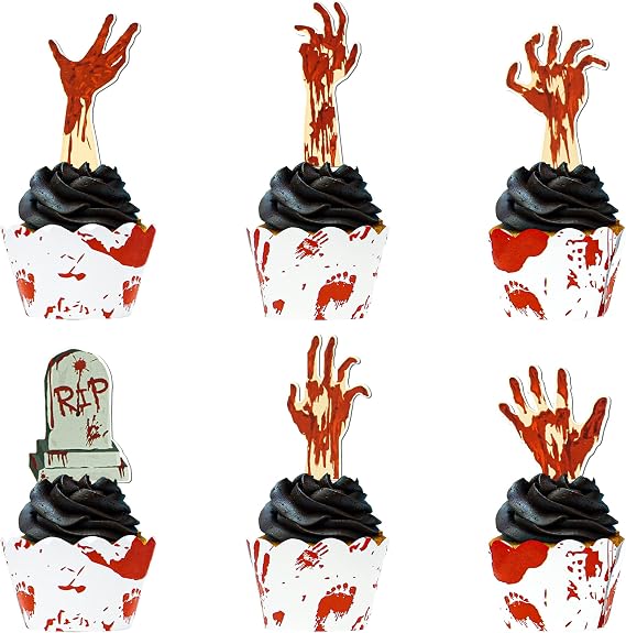 72PCS Halloween Cupcake Toppers Supplies 36 PCS Zombie Hand Tombstone Cupcake Toppers And 36 PCS Horror Red Handprint Cupcake Wrapper For Halloween Party Zombie Theme Party