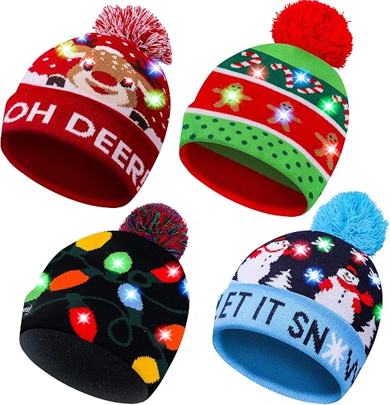 MGparty 4 Pack Christmas Hats LED Light Up Beanie Knit Hats Holiday Winter Snow Caps for Adults Kids
